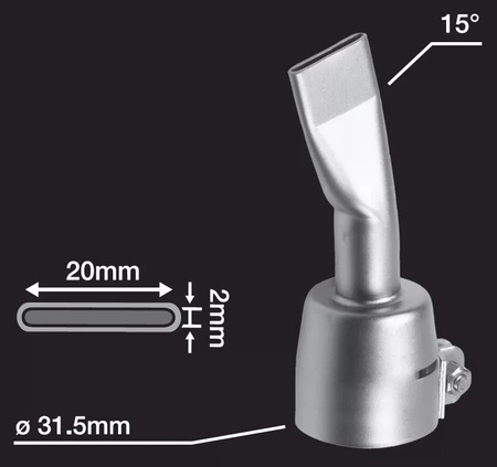 Leister Dysza szczelinowa 20 mm, wygięta 15°, (wlot Ø32 mm) – 107.123